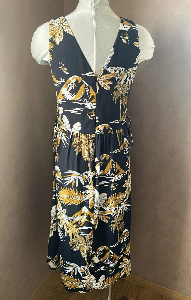 H&M mid-length dress size 34 black with ochre & white tropical print – V-back, side lacing – photo 6